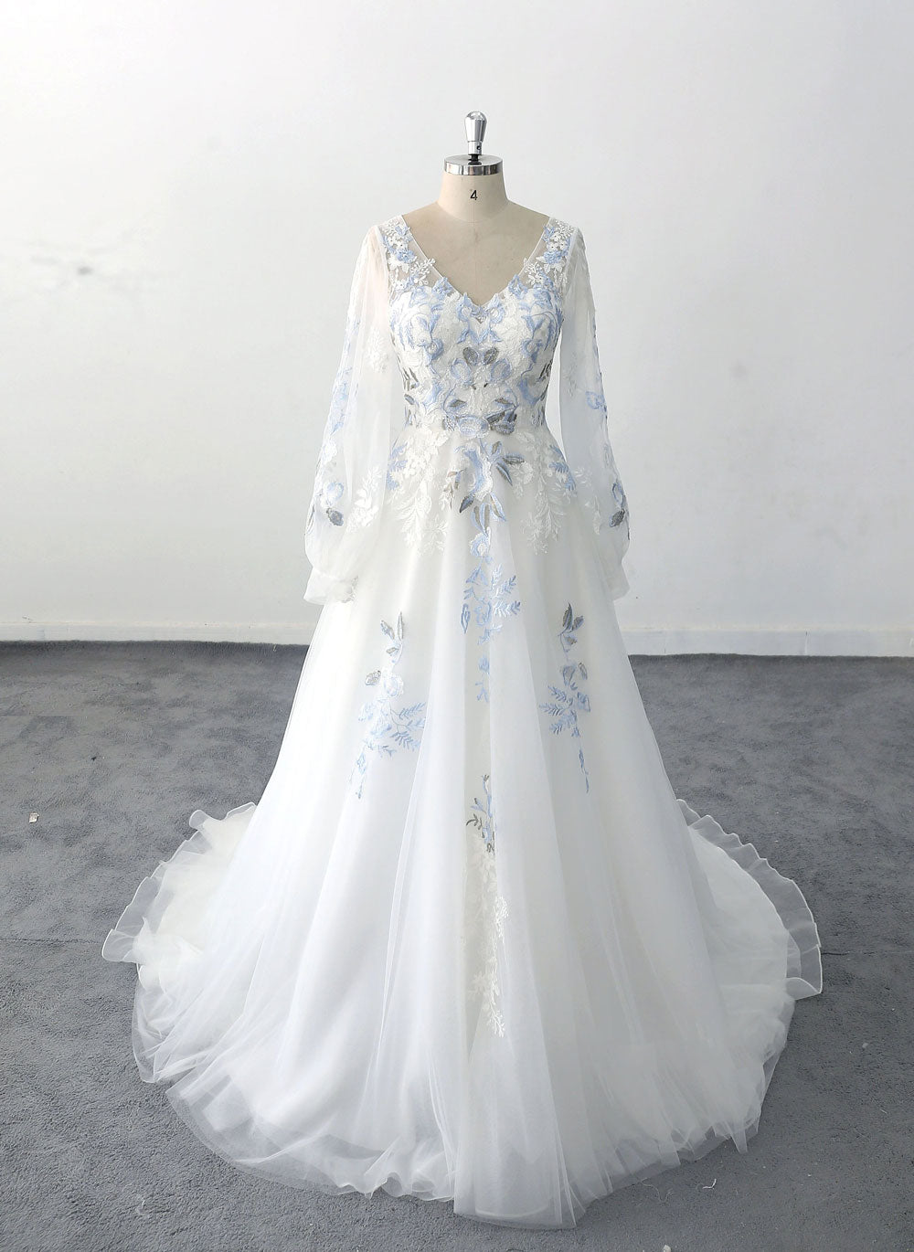 Unique Blue Floral Lace Wedding Dress with Bishop Sleeves ET3072 JoJo Bridal Shop Unique Blue Floral Lace Wedding Dress with Bishop Sleeves ET3072 JoJo Bridal Shop