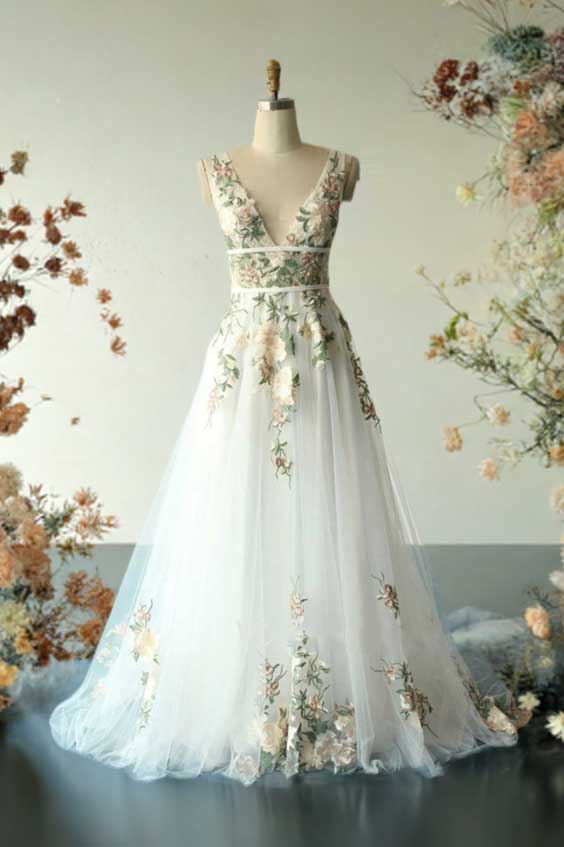 Boho Color Floral Lace Wedding Dress with Dual Waist Band ET3063 JoJo Bridal Shop Boho Color Floral Lace Wedding Dress with Dual Waist Band ET3063 JoJo Bridal Shop