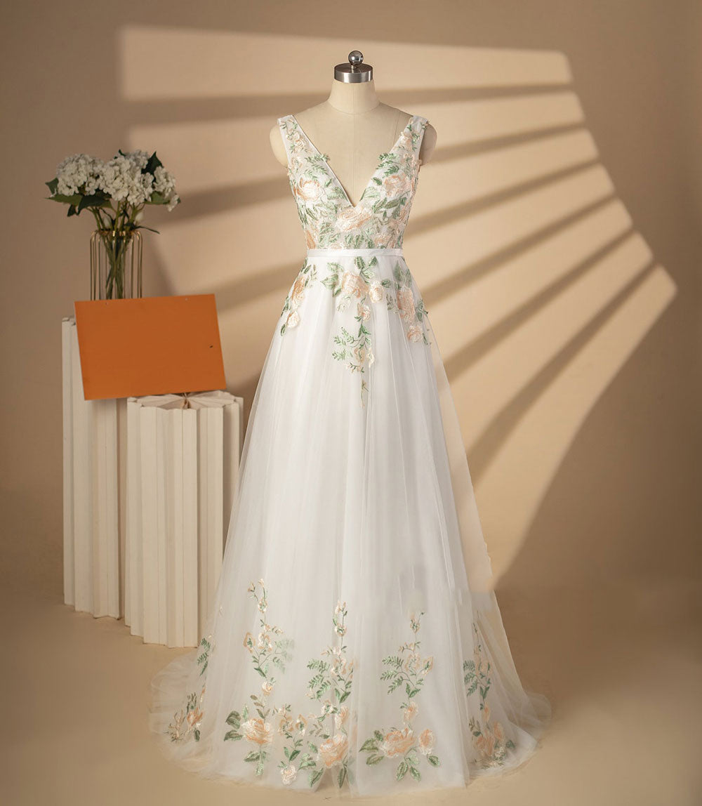 Color Floral Wedding Dress with V Neck and Open Back ET3064 JoJo Bridal Shop Color Floral Wedding Dress with V Neck and Open Back ET3064 JoJo Bridal Shop