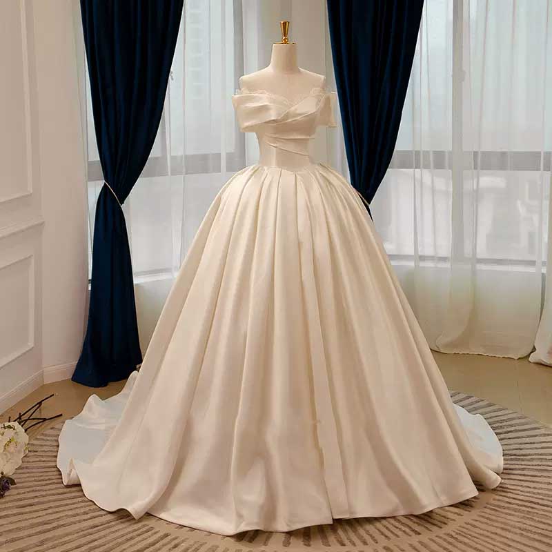 Elegant Satin Ball Gown Wedding Dress with Off the Shoulder Neckline A JoJo Bridal Shop Elegant Satin Ball Gown Wedding Dress with Off the Shoulder Neckline A JoJo Bridal Shop