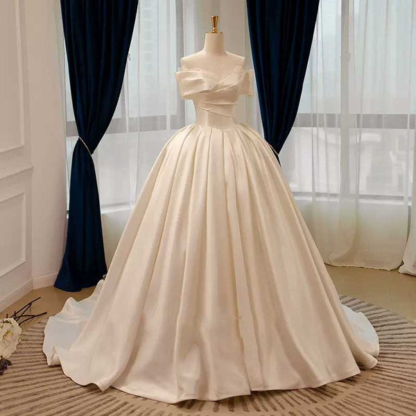 Elegant Satin Ball Gown Wedding Dress with Off the Shoulder Neckline AL3022