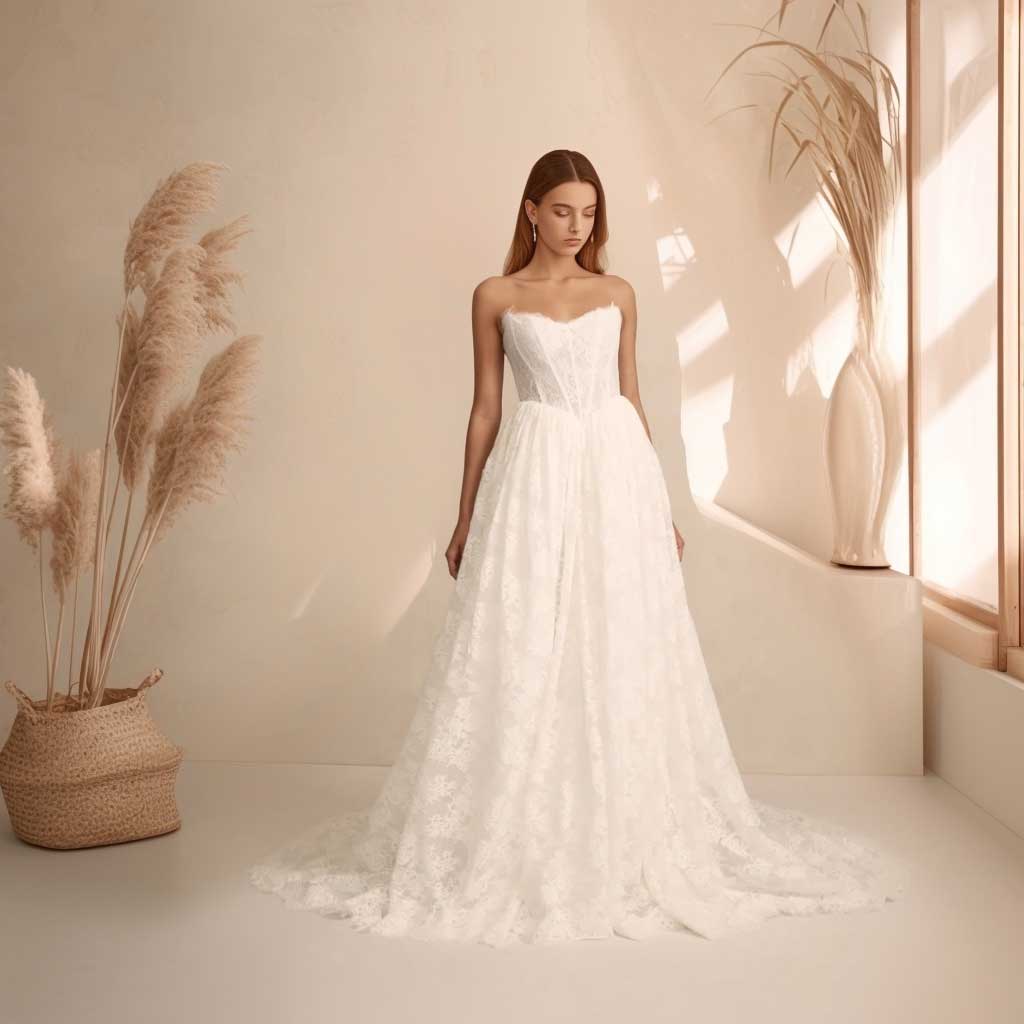Strapless Chantilly Lace Wedding Dress with Basque Waist WB5001 JoJo Bridal Shop Strapless Chantilly Lace Wedding Dress with Basque Waist WB5001 JoJo Bridal Shop