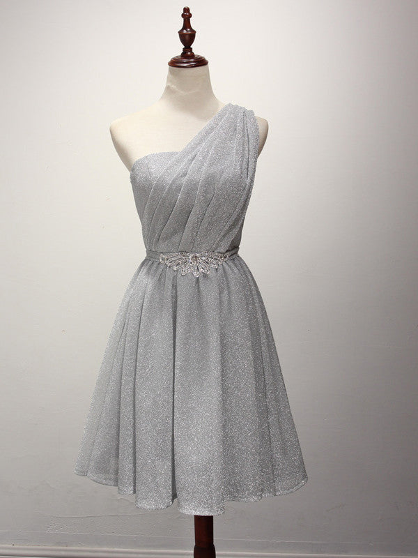 Silver Grecian One Shoulder Short Bridesmaid Dress