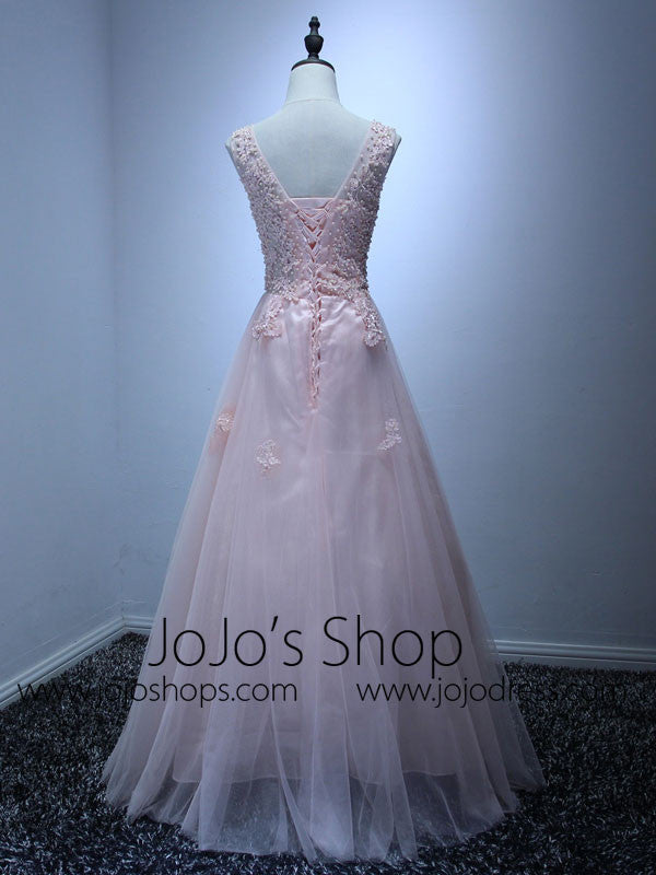 Pink V Neck Lace Floor Length Bridesmaid Dress