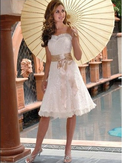 Strapless Knee Length Lace Wedding Dress with Sweetheart Neckline JoJo Bridal Shop Strapless Knee Length Lace Wedding Dress with Sweetheart Neckline JoJo Bridal Shop