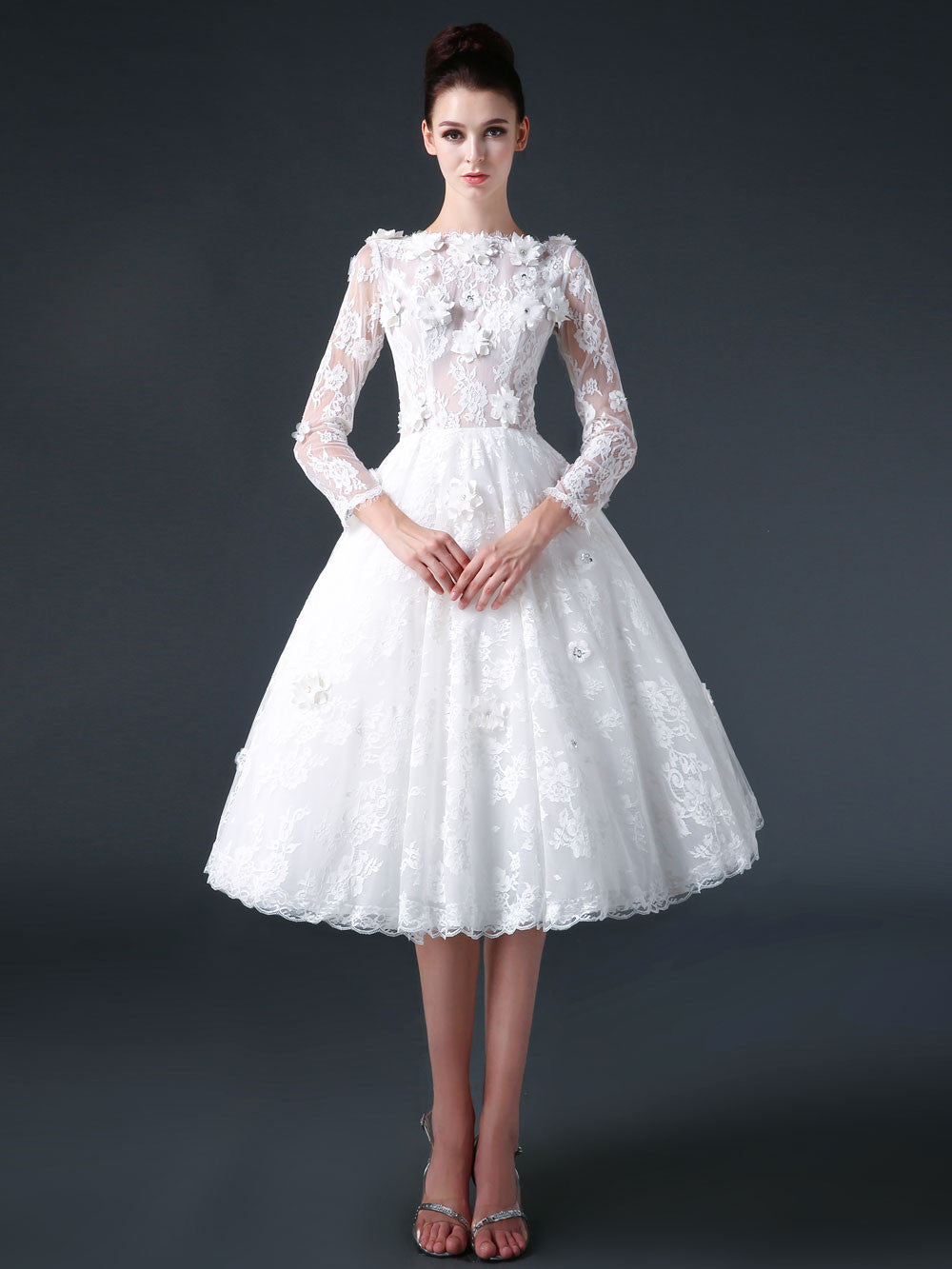 Short Knee Length Modest Lace Wedding Dress with Flowers Short Knee Length Modest Lace Wedding Dress with Flowers