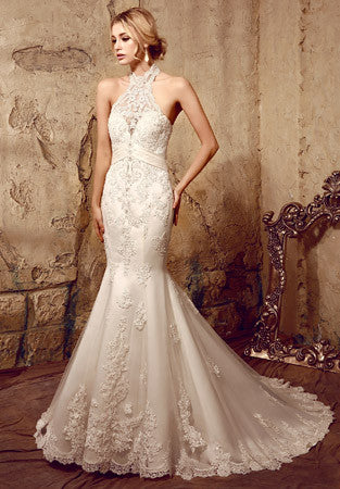 fitted lace wedding dress Halter Chantilly Lace Mermaid Wedding Dress fitted lace wedding dress Halter Chantilly Lace Mermaid Wedding Dress