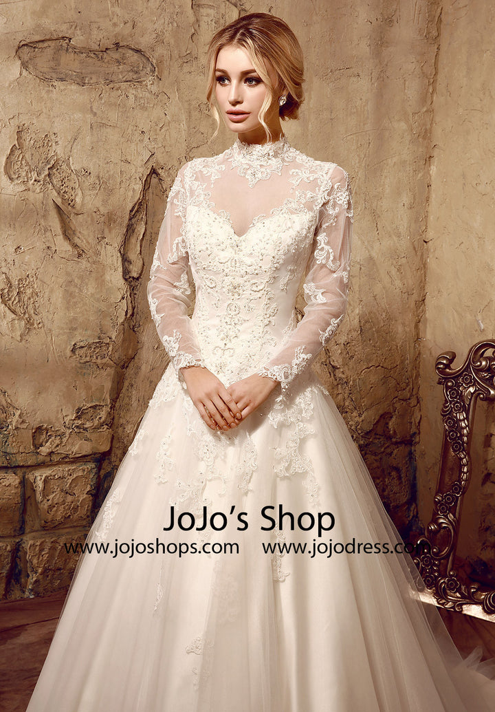 Modest Lace Ball Gown Wedding Dress with Long Sleeves | HL1010