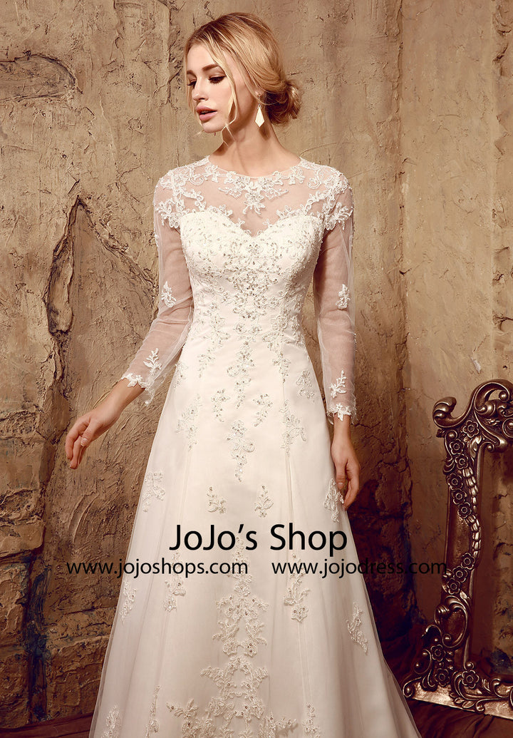 Vintage Style Lace Long Sleeves Wedding Dress with Keyhole Back | HL1022