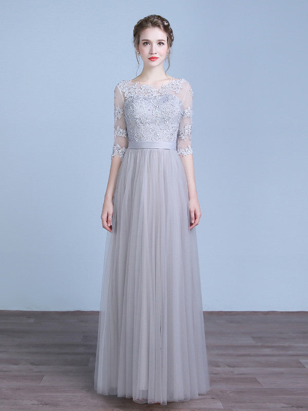 Gray Floor Length Lace Bridesmaid Dress
