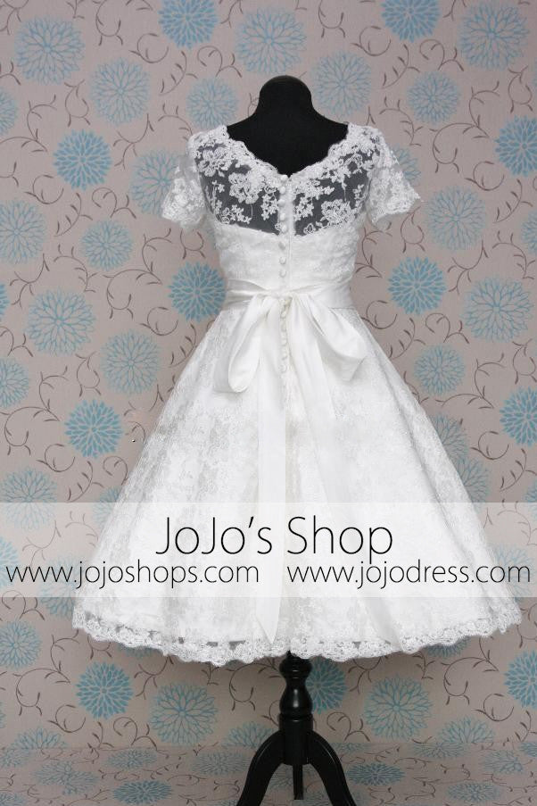 Modest Lace Tea Length Wedding Dress with Short Sleeves