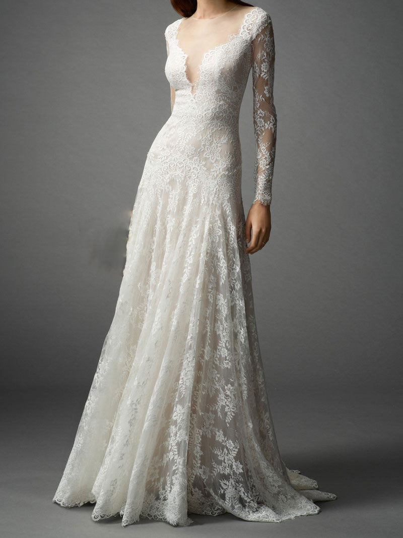 Slim A-line Lace Wedding Dress with Long Sleeves JoJo Bridal Shop Slim A-line Lace Wedding Dress with Long Sleeves JoJo Bridal Shop