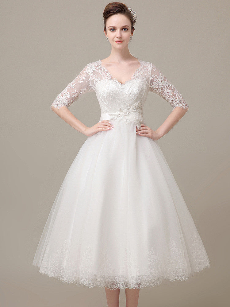 Retro Tea Length Lace Wedding Dress with Long Sleeves JoJo Bridal Shop Retro Tea Length Lace Wedding Dress with Long Sleeves JoJo Bridal Shop