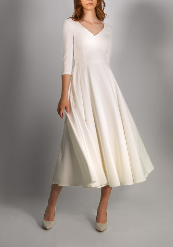 Simple Elegant Short Tea Length Wedding Dress with Sleeves ET3020