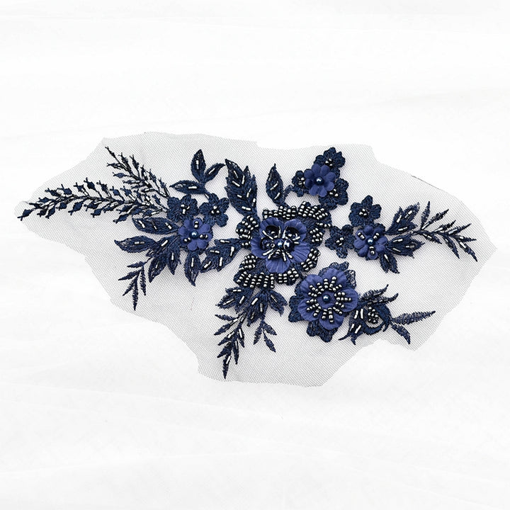 Navy Blue Floral Lace Applique with Beadings LA1001