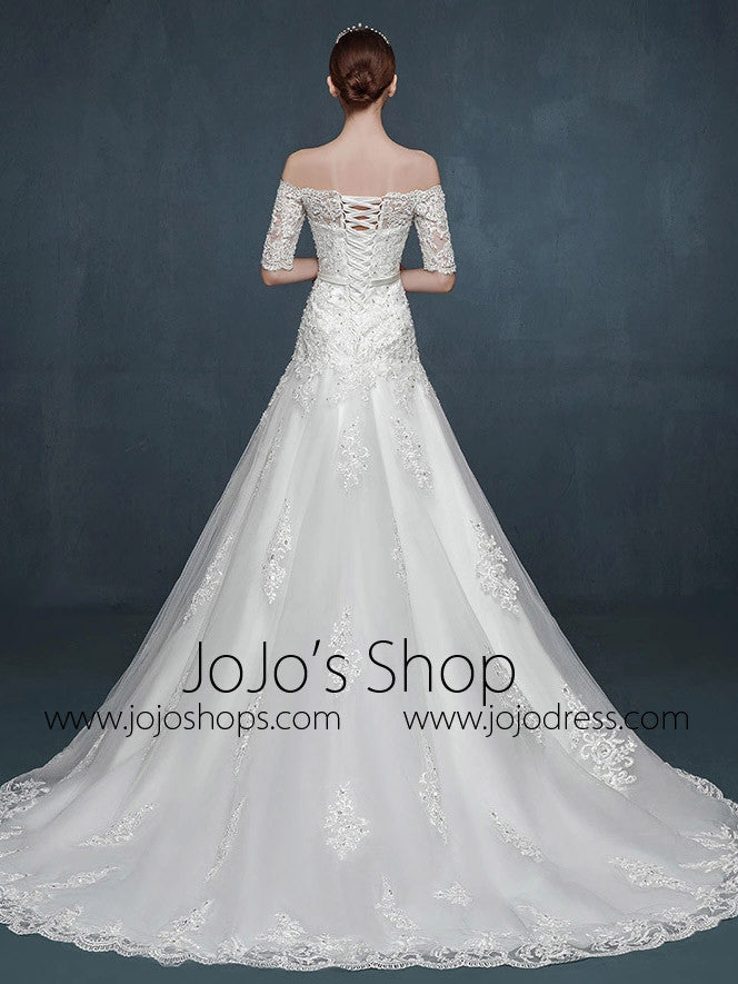 Off Shoulder A-line Lace Wedding Dress with Dropped Waist