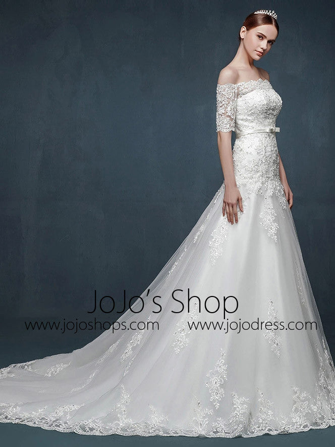 Off Shoulder A-line Lace Wedding Dress with Dropped Waist