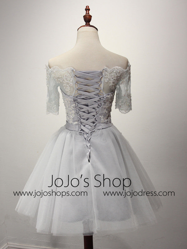 Gray Short Lace Off Shoulder Bridesmaid Dress 