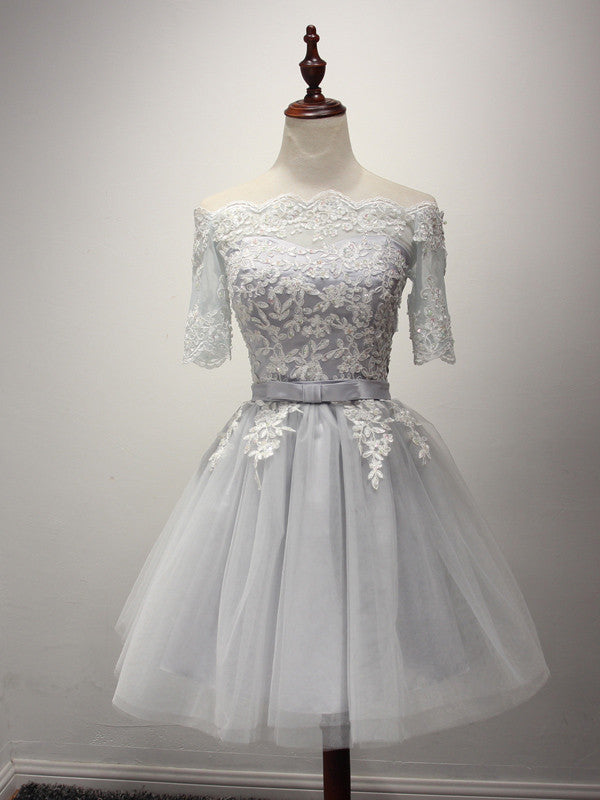Gray Short Lace Reception Dress with off Shoulder Sleeves JoJo Bridal Shop Gray Short Lace Reception Dress with off Shoulder Sleeves JoJo Bridal Shop