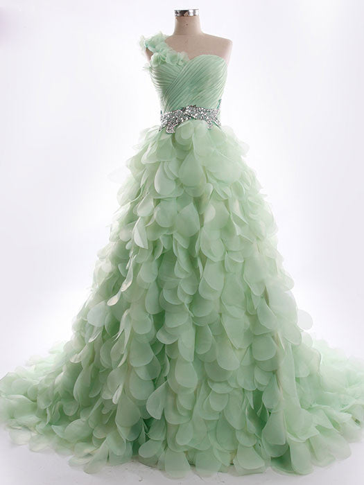 Green One Shoulder Wedding Dress with Organza Petal Skirt | RS5003