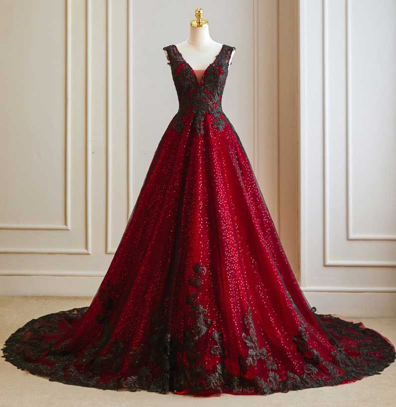 Halloween Gothic Red and Black Lace Wedding Dress ET3035 JoJo Bridal Shop Halloween Gothic Red and Black Lace Wedding Dress ET3035 JoJo Bridal Shop
