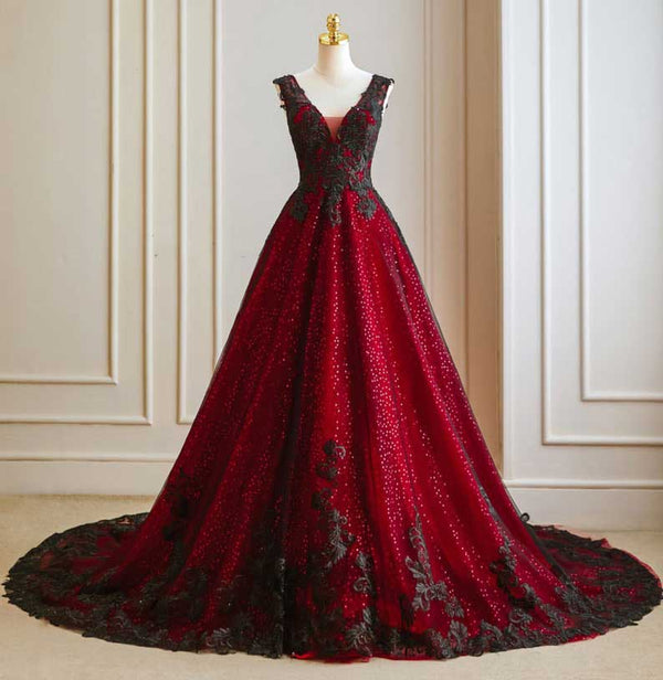 Halloween Gothic Red and Black Lace Wedding Dress ET3035