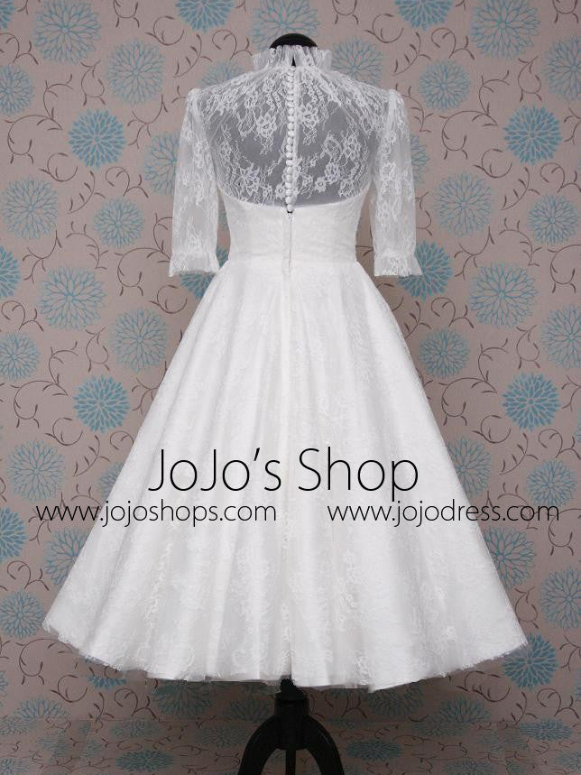 Modest Tea Length Lace Wedding Dress with Sleeves