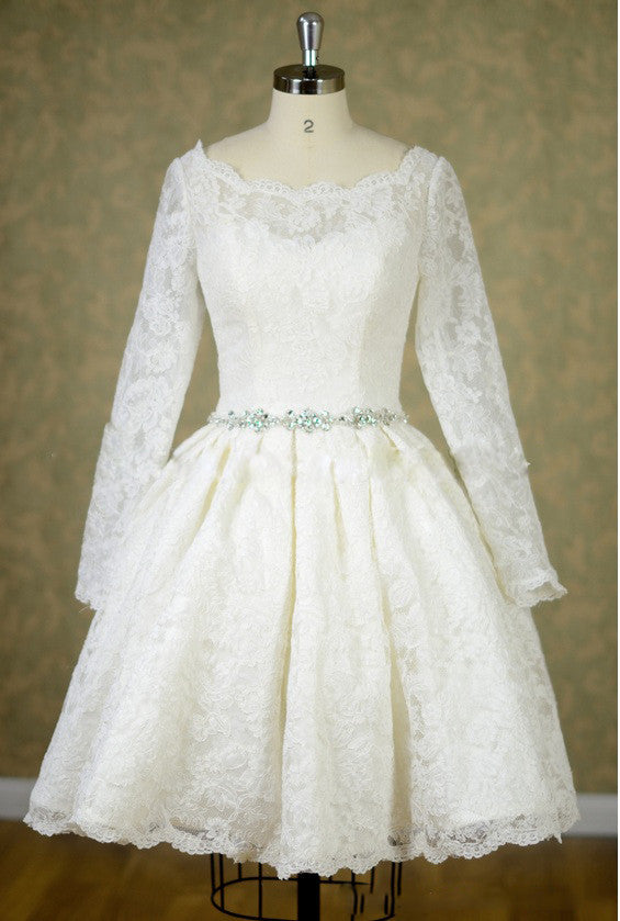 Short Knee Length Lace Long Sleeves Wedding Dress with Jeweled Belt JoJo Bridal Shop Short Knee Length Lace Long Sleeves Wedding Dress with Jeweled Belt JoJo Bridal Shop