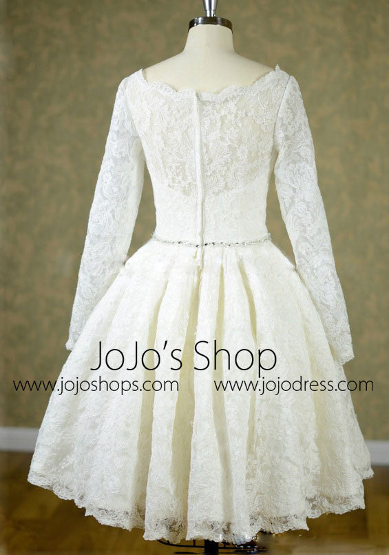 Short Knee Length Lace Long Sleeves Wedding Dress with Jeweled Belt