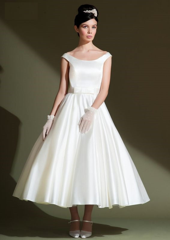 vintage 50s wedding dresses Vintage Retro 50s Satin Tea Length Wedding Dress