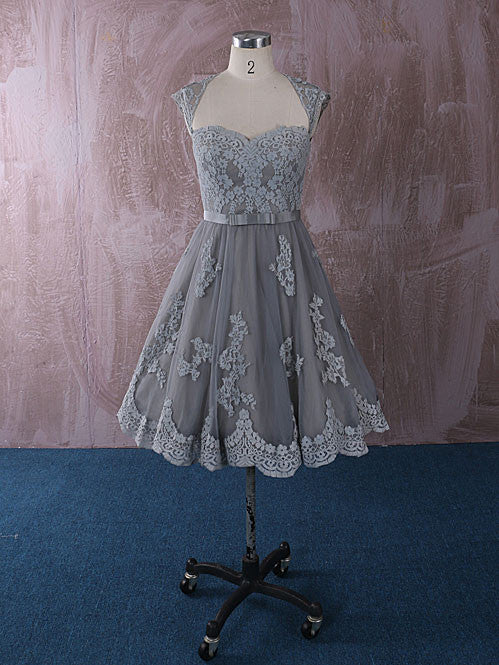 Gray Knee Length Short Lace Wedding Dress with Keyhole Back | QT815013 JoJo Bridal Shop Gray Knee Length Short Lace Wedding Dress with Keyhole Back | QT815013 JoJo Bridal Shop