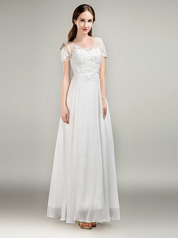 Simple Short Sleeves Lace Chiffon Wedding Dress