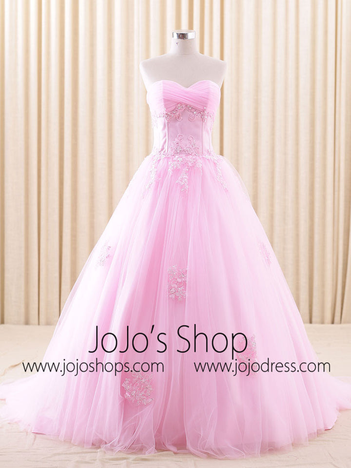 Strapless Pink Lace Ball Gown Wedding Dress | RSRS6805 Pink