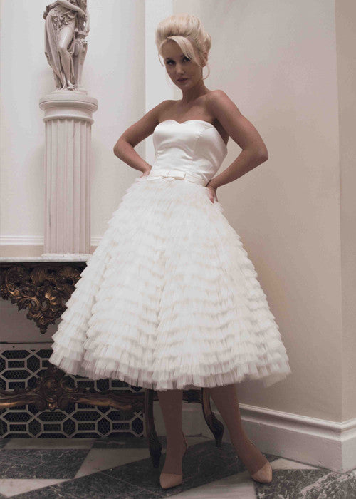 Retro Strapless Tea Length Wedding Dress with Ruffled Skirt – JoJo Bridal Shop Retro Strapless Tea Length Wedding Dress with Ruffled Skirt – JoJo Bridal Shop