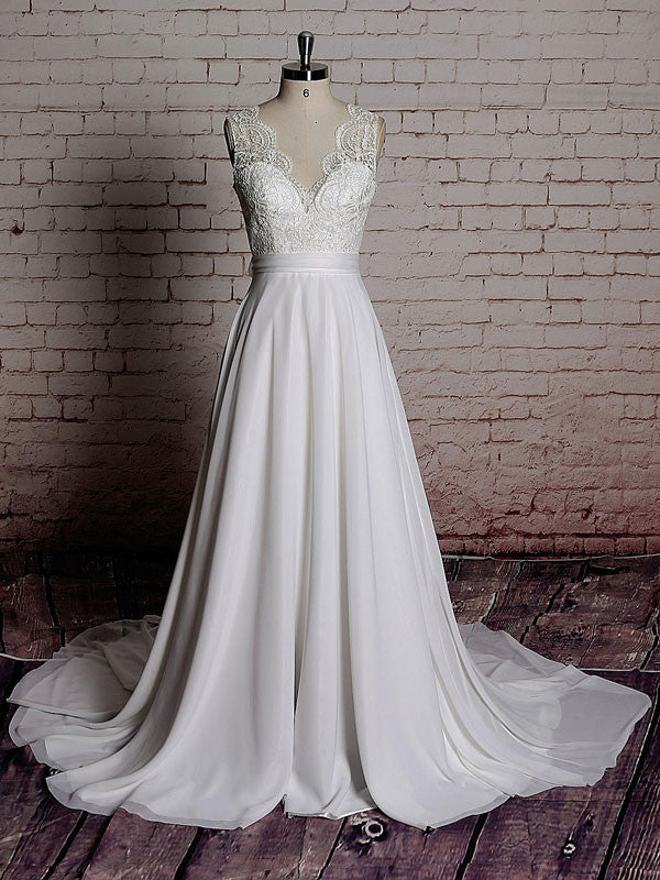 Vintage Lace Chiffon Wedding Dress with Scalloped Lace V Neck | EE3009 JoJo Bridal Shop Vintage Lace Chiffon Wedding Dress with Scalloped Lace V Neck | EE3009 JoJo Bridal Shop