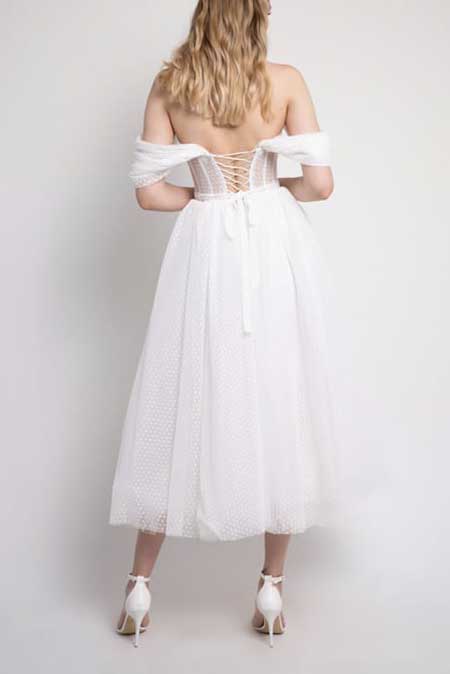Short Vintage Polka Dot Tulle Wedding Dress with Off the Shoulder Straps ET3037