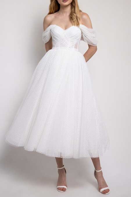 Short Vintage Polka Dot Tulle Wedding Dress with Off the Shoulder Stra – JoJo Bridal Shop Short Vintage Polka Dot Tulle Wedding Dress with Off the Shoulder Stra – JoJo Bridal Shop