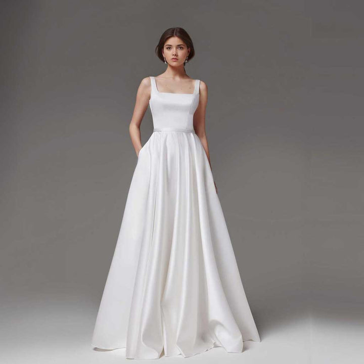Simple Elegant Satin Wedding Dress With Square Neckline ET3073