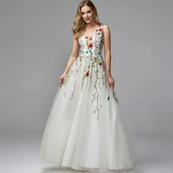 Boho Botanical Embroidery Lace Wedding Dress ET3041