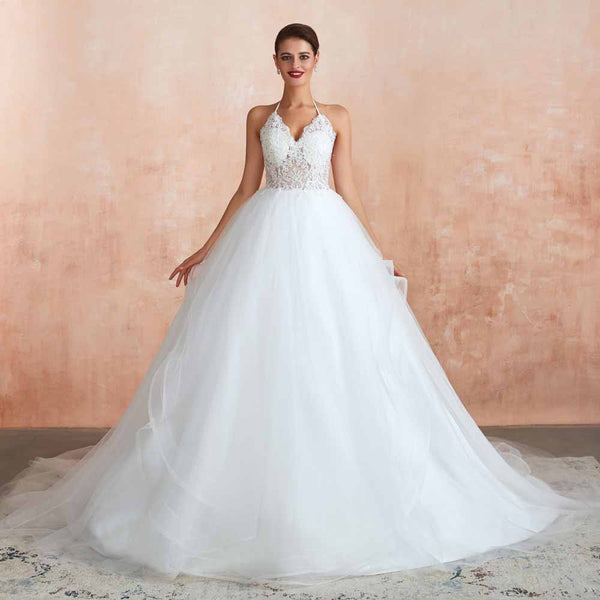 Boho Lace Ball Gown Wedding Dress with Lace Top EN3417