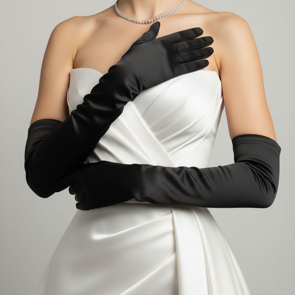 Long Black Satin Opera Gloves, Costume Gloves, Gala Gloves