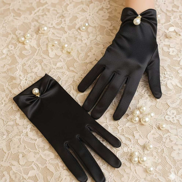 Short Black Satin Wedding Gloves with Pearl Accent