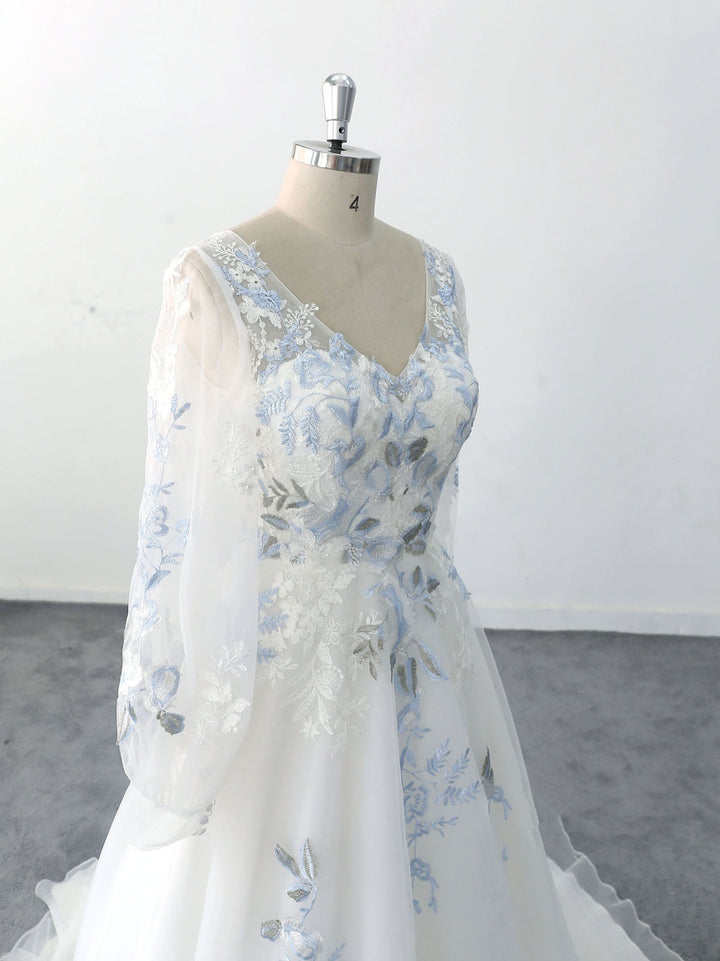 Unique Blue Floral Lace Wedding Dress with Bishop Sleeves ET3072 JoJo Bridal Shop Unique Blue Floral Lace Wedding Dress with Bishop Sleeves ET3072 JoJo Bridal Shop