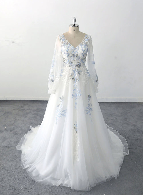 boho blue wedding dress Floral Applique Beach Wedding Dresses Backless Boho Wedding Gown,MW408