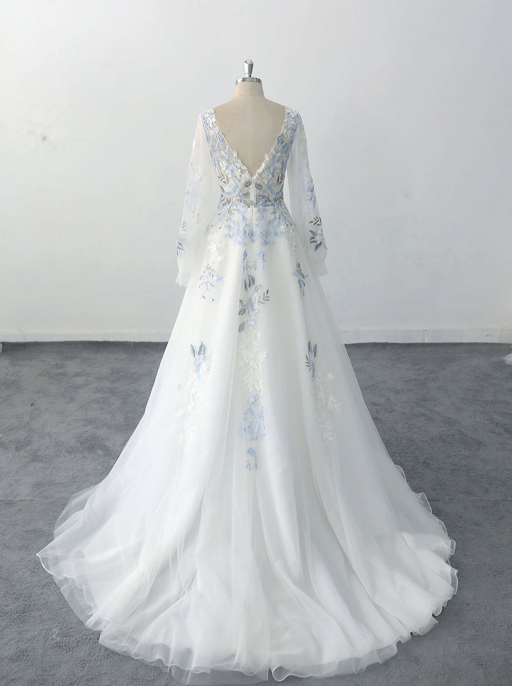 Unique Blue Floral Lace Wedding Dress with Bishop Sleeves ET3072 Unique Blue Floral Lace Wedding Dress with Bishop Sleeves ET3072
