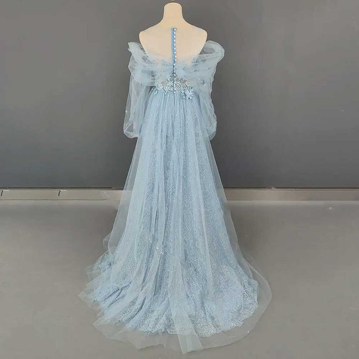 Blue Floral Lace Wedding Dress with Off Shoulder Sleeves ET3068