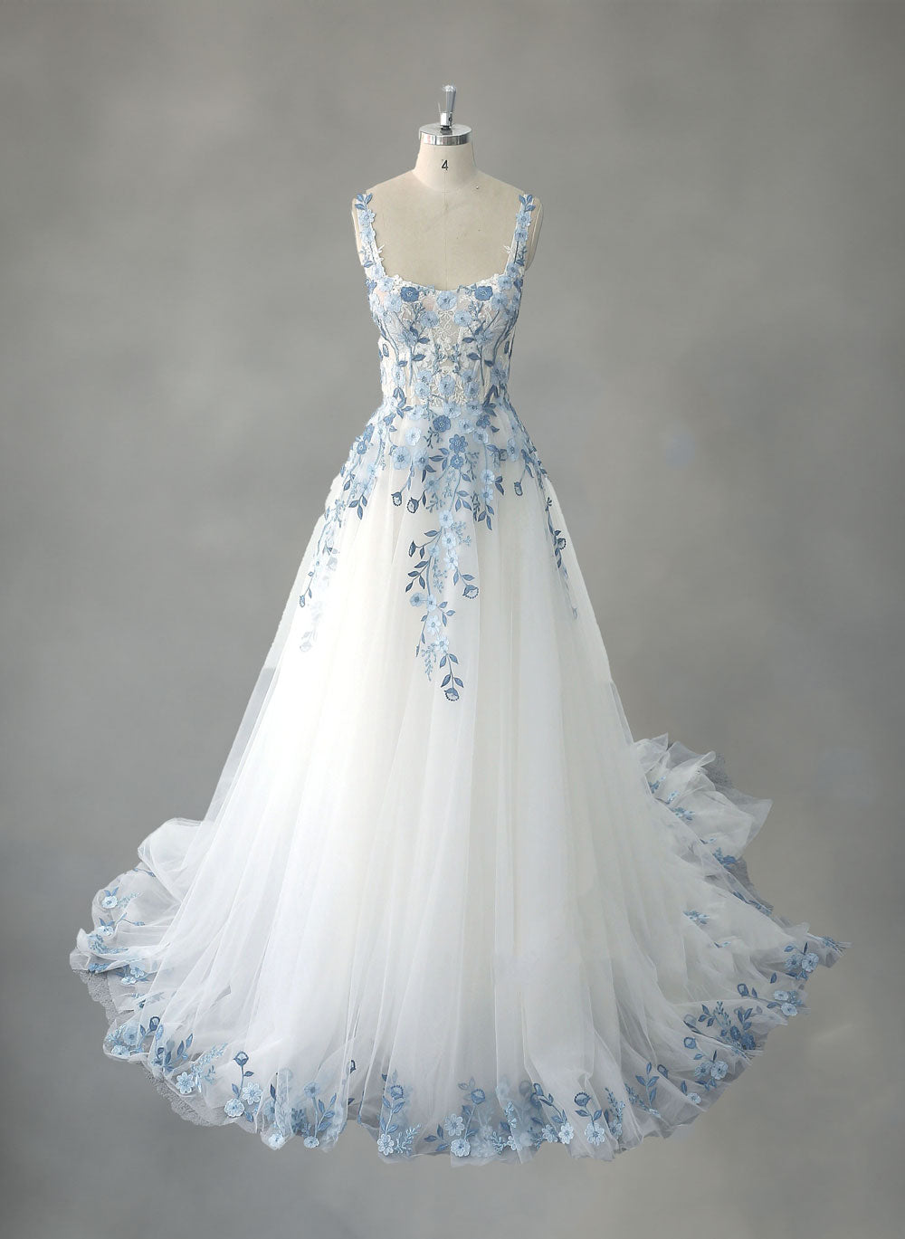 Blue Floral Lace Wedding Dress with Straps and Open Back ET3071 – JoJo Bridal Shop