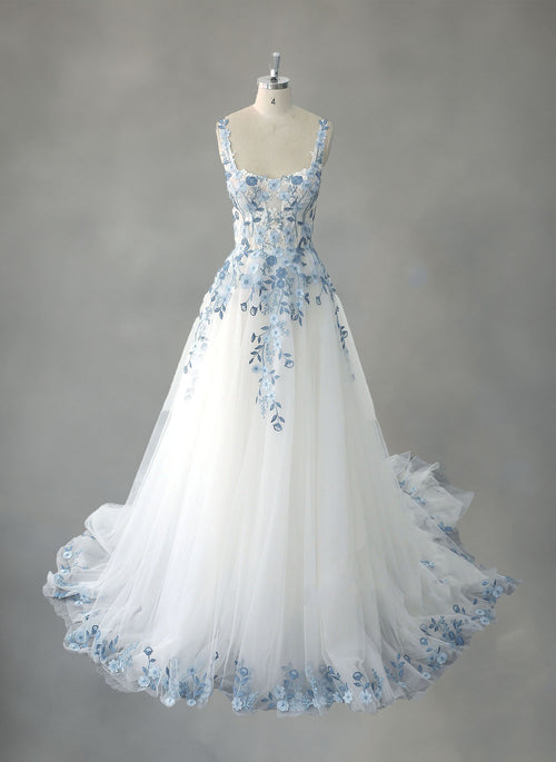 knee length dresses for ladies Zapaka Women White Blue Flower Long Prom Dress with Slit A-Line Spaghetti Straps Ruched Corset Evening Dress, White Blue Flower / UK10