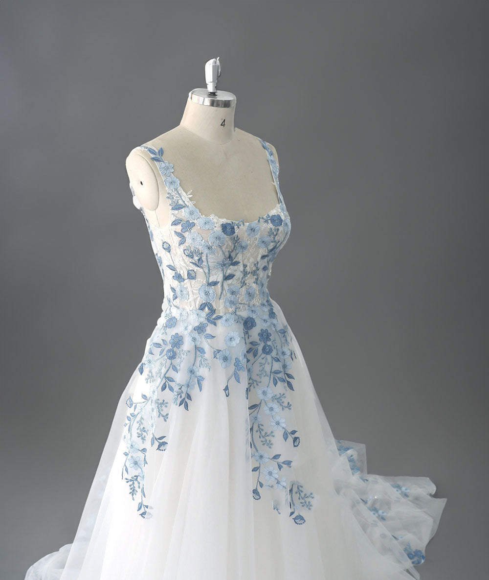 Blue Floral Lace Wedding Dress with Straps and Open Back ET3071 – JoJo Shop