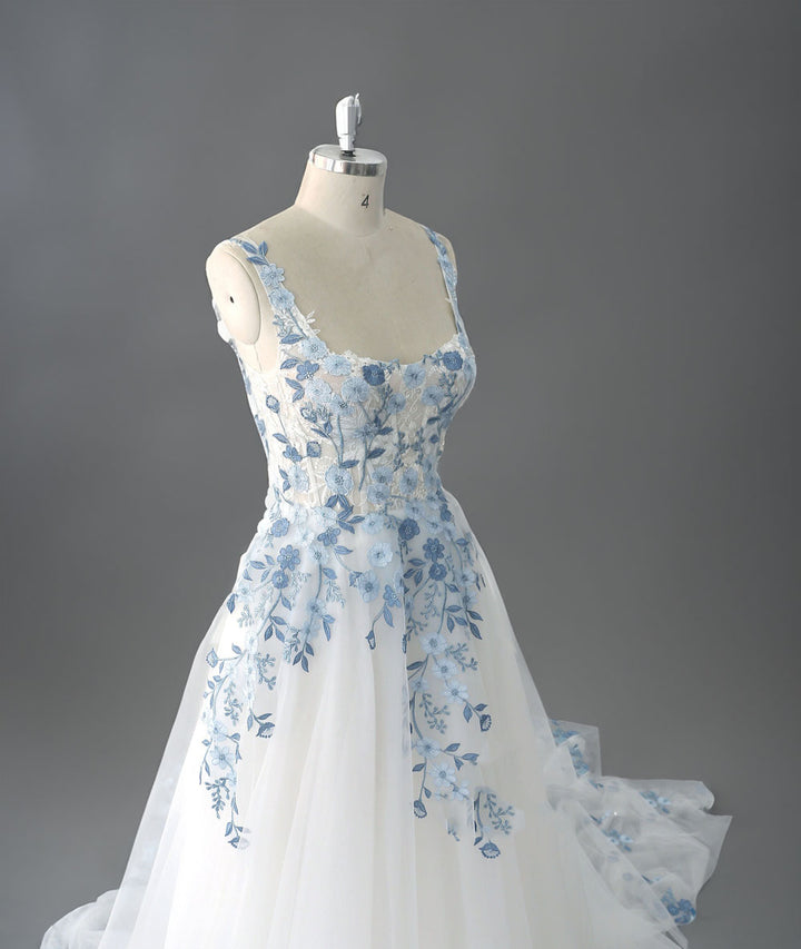 Blue Floral Lace Wedding Dress